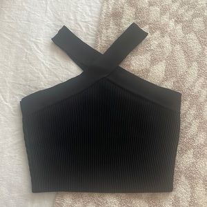 Black Ribbed Cross Neck Top